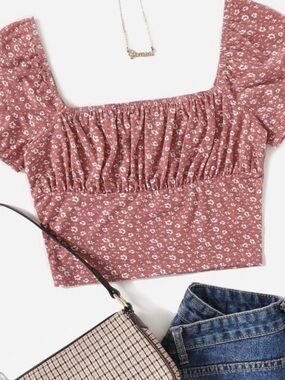 Smocked Square-Neck Floral Crop Top - Dusty Rose